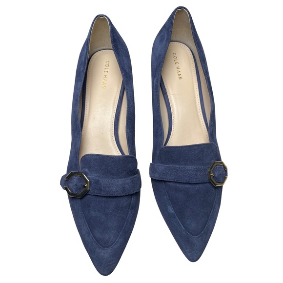 Cole Haan Blue Suede Loafers 9.5B Gold Buckle Quiet Luxury Chic‎ - Picture 9 of 12